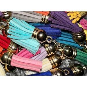 HUGE LOT Over 1,400 Assorted Colors Faux Suede Craft Tassels, Gold Caps, Charms